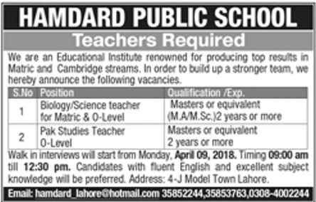 Hamdard Public School Lahore Jobs 2018 for Teachers Latest Advertisement