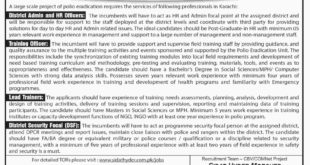 Polio Program Karachi Jobs 2018 for Lead Trainers and District Security Focals, Admin, HR, Training Officers