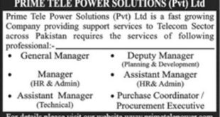 Prime Tele Power Solutions Pvt Ltd Jobs 2018 for Admin, HR, Engineering, Purchase, Procurement and Managers Latest Advertisement