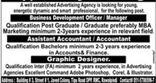 Rawalpindi Advertising Agency Jobs 2018 For Business Development Officer, Manager, Accounts & Graphic Designer Posts Latest Advertisement