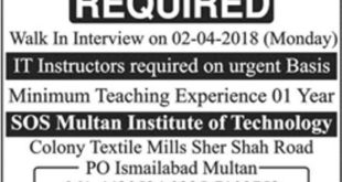 SOS Multan Institute Of Technology Jobs 2018 For IT Instructors Latest Advertisement