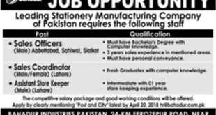 Stationary Manufacturing Company Jobs 2018 For Store Keeper, Sales Officer And Sales Coordinator Posts Latest Advertisement