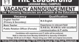 The Educators Jobs 2018 For Teaching Staff & Public Relation Officer Latest Advertisement