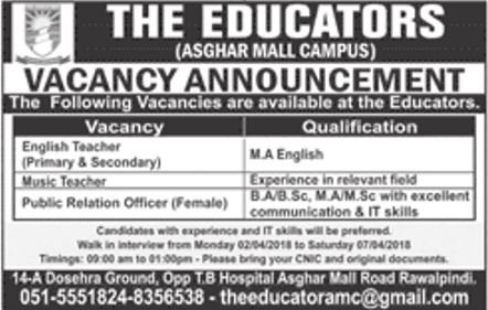 The Educators Jobs 2018 For Teaching Staff & Public Relation Officer Latest Advertisement