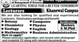 University College of Management & Sciences Jobs 2018 for Teaching Staff (Khanewal Campus) Latest Advertisement