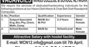Wings College & School Network Jobs 2018 for Teaching Staff Latest Advertisement