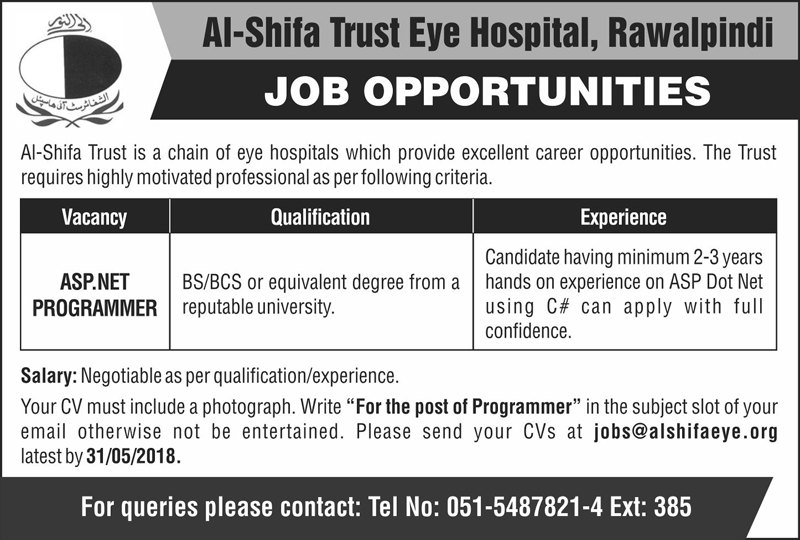 Al-Shifa Trust Eye Hospital Jobs 2018