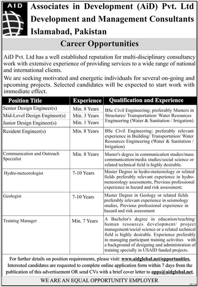 Associates in Development (AiD) Islamabad 8+ Jobs 2018 for Engineering, Geology & Others