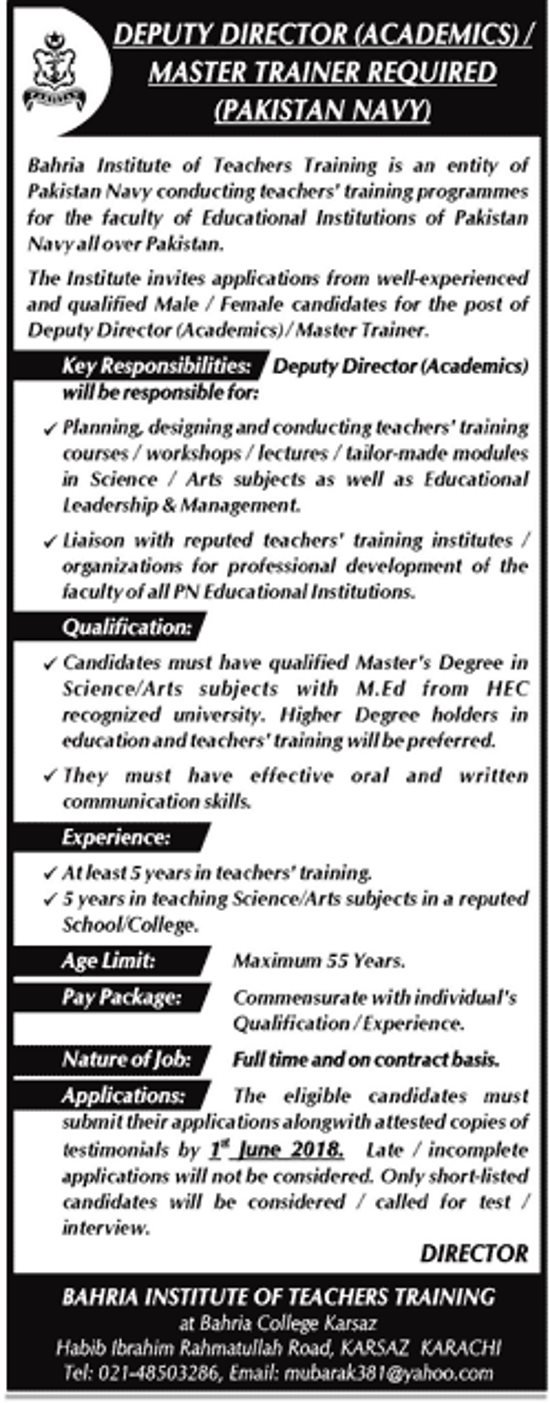 Bahria Institute Pak Navy Jobs For Master Trainer 2018