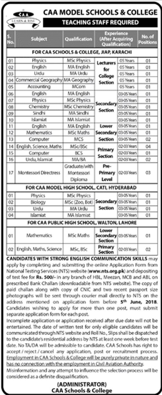 CAA Model Schools & Colleges Jobs For Teaching Staff 2018