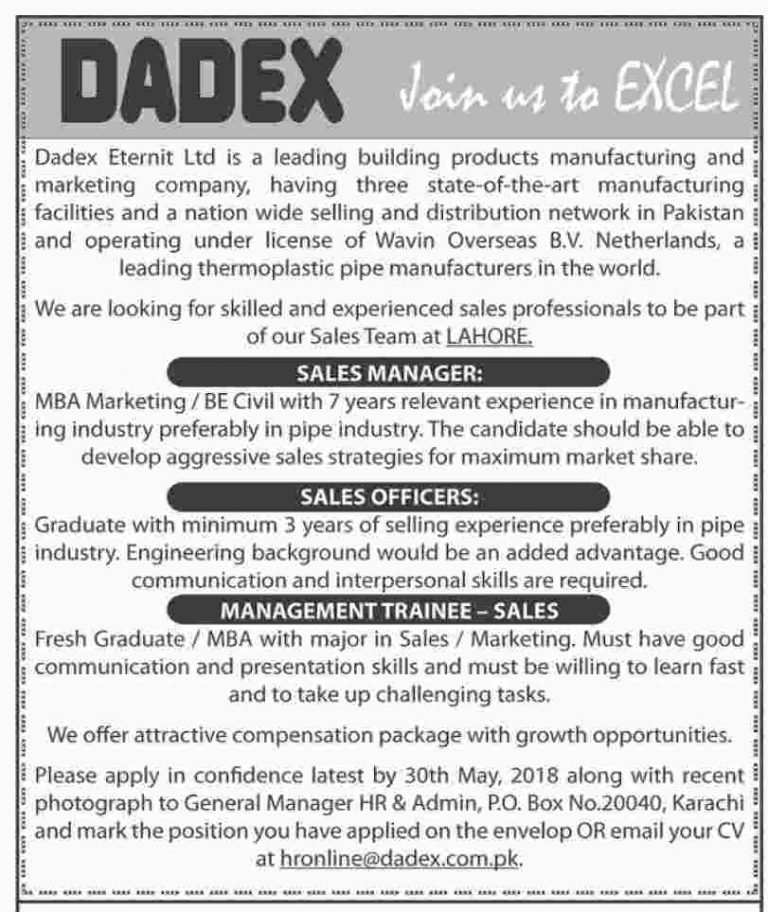Dadex Eternit Ltd 3+ Jobs 2018 for Sales & Management Trainees