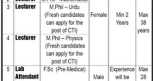 Fazaia College of Education for Women Lahore 5+ Jobs 2018 for Lecturers & Lab Attendant