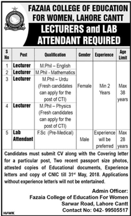 Fazaia College of Education for Women Lahore 5+ Jobs 2018 for Lecturers & Lab Attendant