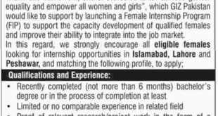 GIZ Pakistan Female Internship Program 2018 in Islamabad Lahore Peshawar