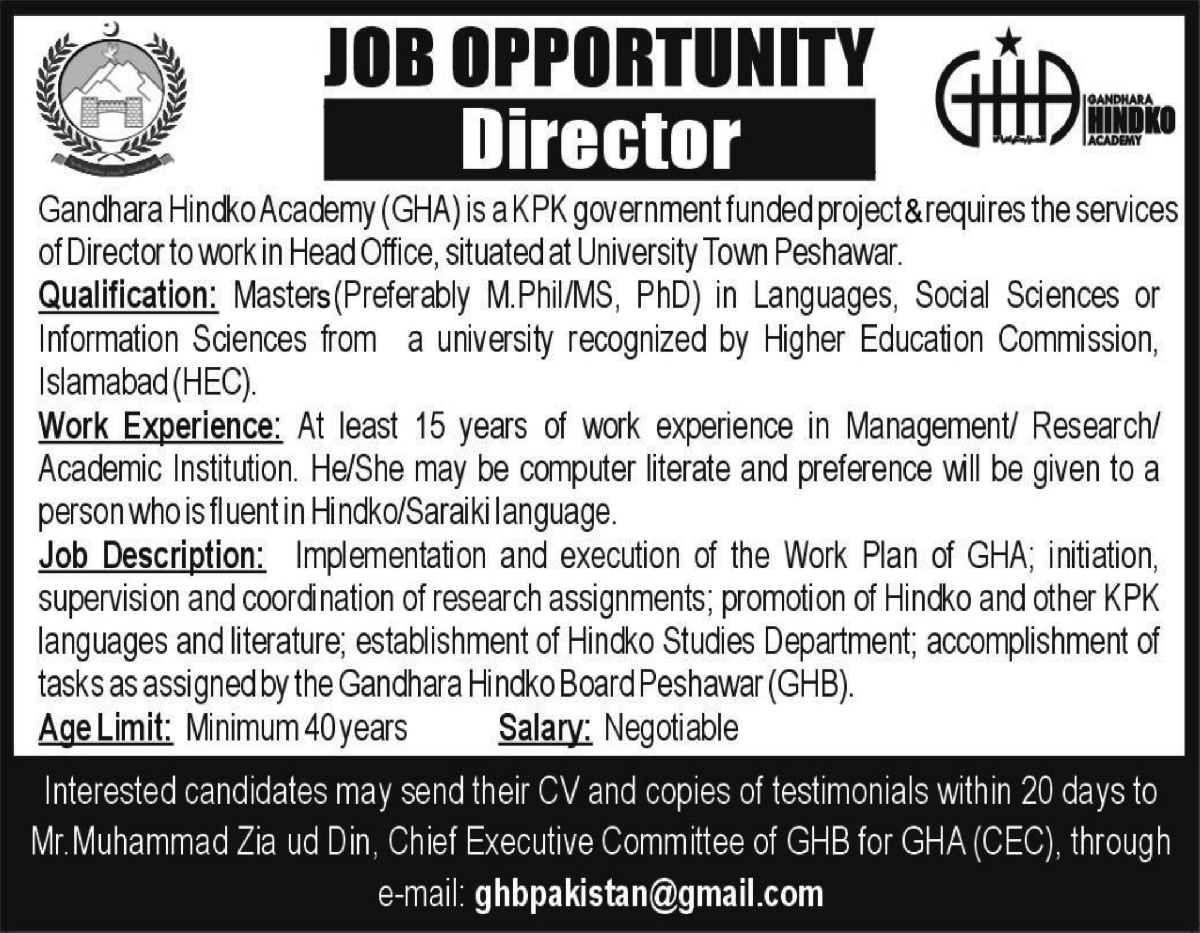 Gandhara Hindkoa Academy (GHA) KP Jobs For Director, Management