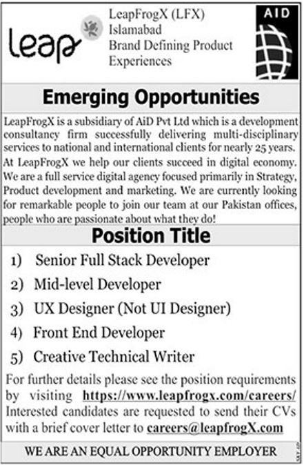 LeapFrogX Islamabad 5+ Jobs 2018 for IT & Technical Writer Staff