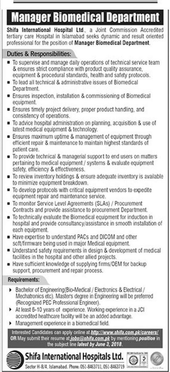 Manager Biomedical Department Jobs in Shifa International Hospital Islamabad