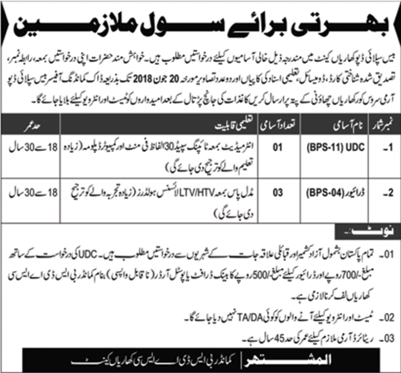 Pak Army Base Supply Depot Kharian Cantt Jobs 2018 for Drivers & Clerk