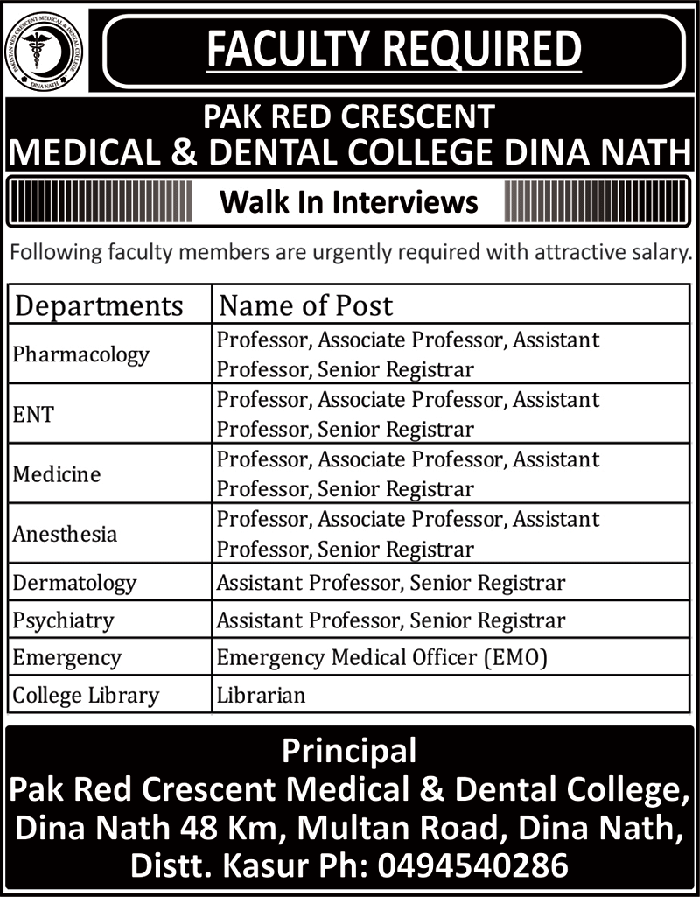 Pak Red Crescent Medical & Dental College Jobs 2018 for Teaching & Non-Teaching Staff