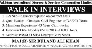 Pakistan Agricultural Storage & Services Corporation Jobs 2018 for Sub-Engineers