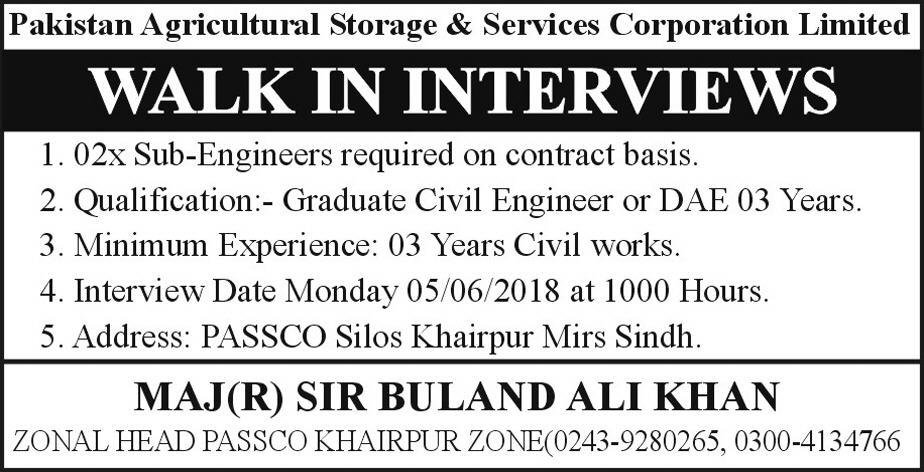 Pakistan Agricultural Storage & Services Corporation Jobs 2018 for Sub-Engineers 
