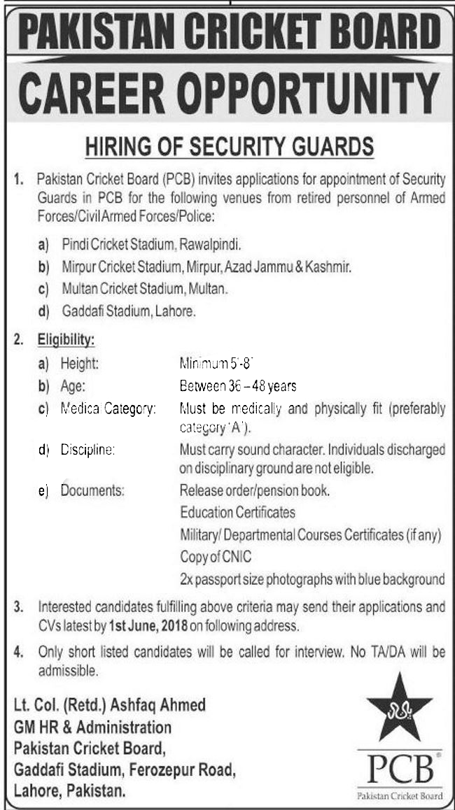 Pakistan Cricket Board (PCB) Jobs 2018 for Security Guards 