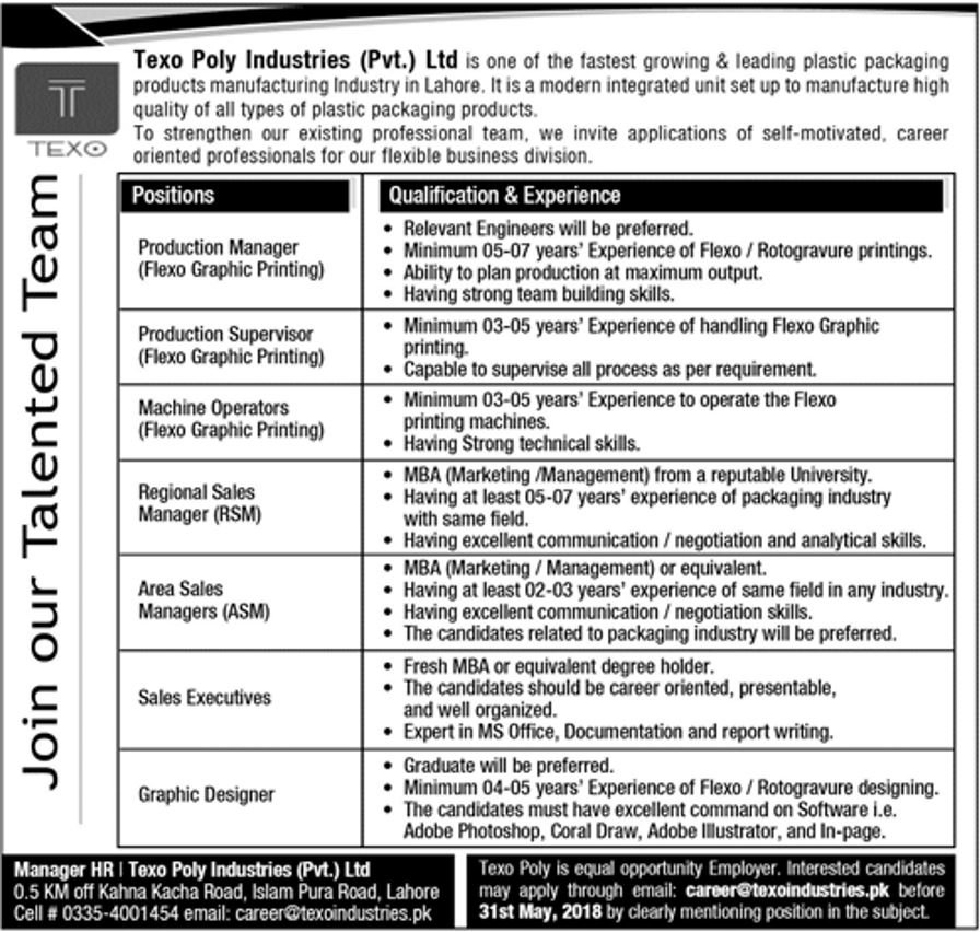 Texo Poly Industries Pvt Ltd  7+ Jobs 2018 for Productions, Sales , DAE, Graphic Designers & Other