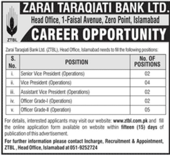 Zarai Taraqiati Bank Ltd ZTBL Jobs 2018 for 15+ Officer Grade-I, Grade-II & Others
