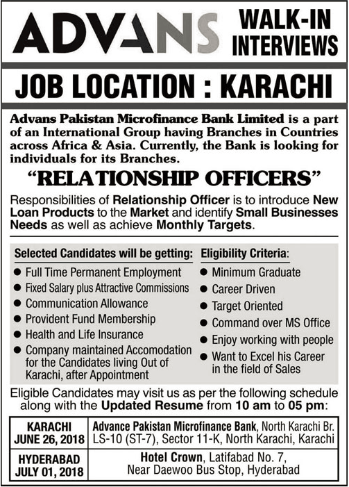 Advans Pakistan Microfinance Bank Limited Jobs 2018 for Relationship Officers 