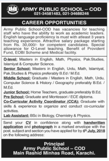 Army Public School COD Karachi Jobs 2018 for Teaching Staff