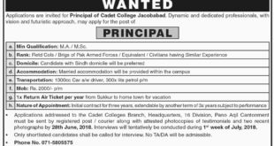 Cadet College Jacobabad Jobs For Principal 2018