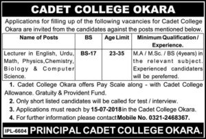 Cadet College Okara 7+ Jobs For Lecturers