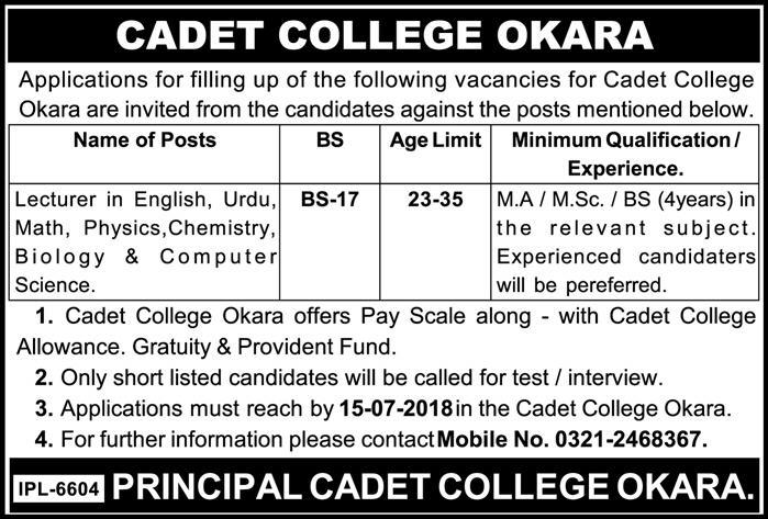 Cadet College Okara 7+ Jobs For Lecturers 