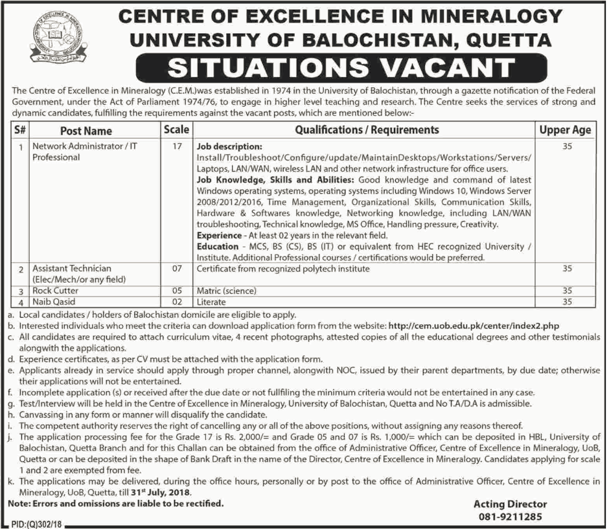 Centre of Excellence in Mineralogy University of Balochistan Quetta Jobs For Network Administrator, IT Professional & Others