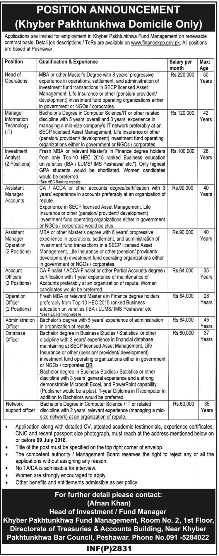 Finance Department Govt Of KPK 14+ Jobs For Chief Financial Officer, Head Of Alternatives & Others