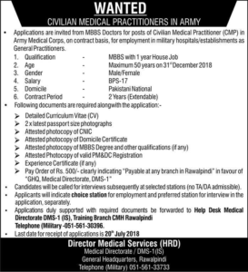 General Headquarters GHQ Rawalpindi Jobs 2018 for Civilians Medical Practitioners in Army