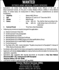 General Headquarters GHQ Rawalpindi Jobs 2018 for Retired Army Medical Corps Officers