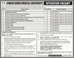 Jinnah Sindh Medical University JSMU Karachi Jobs For Controller of Examination, Registrar