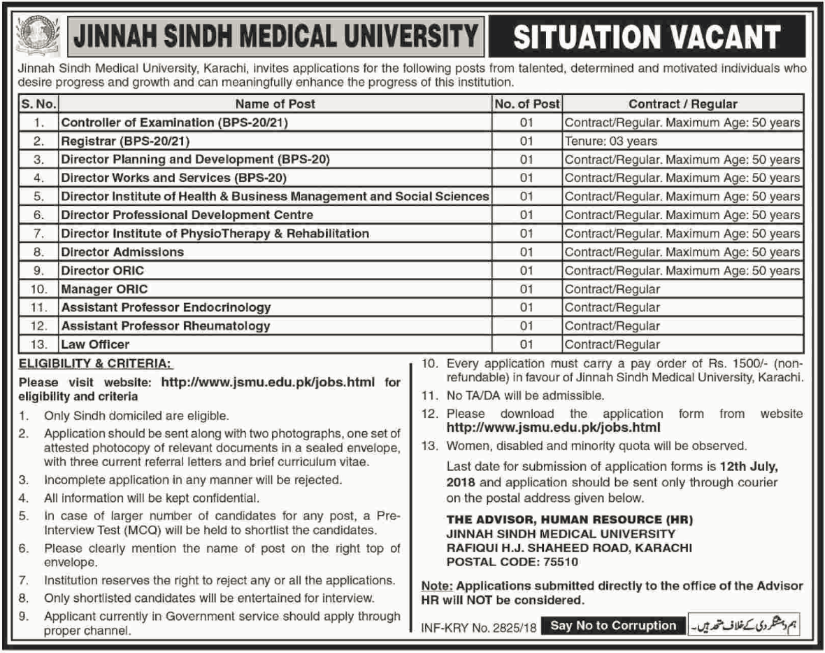Jinnah Sindh Medical University JSMU Karachi Jobs For Controller of Examination, Registrar