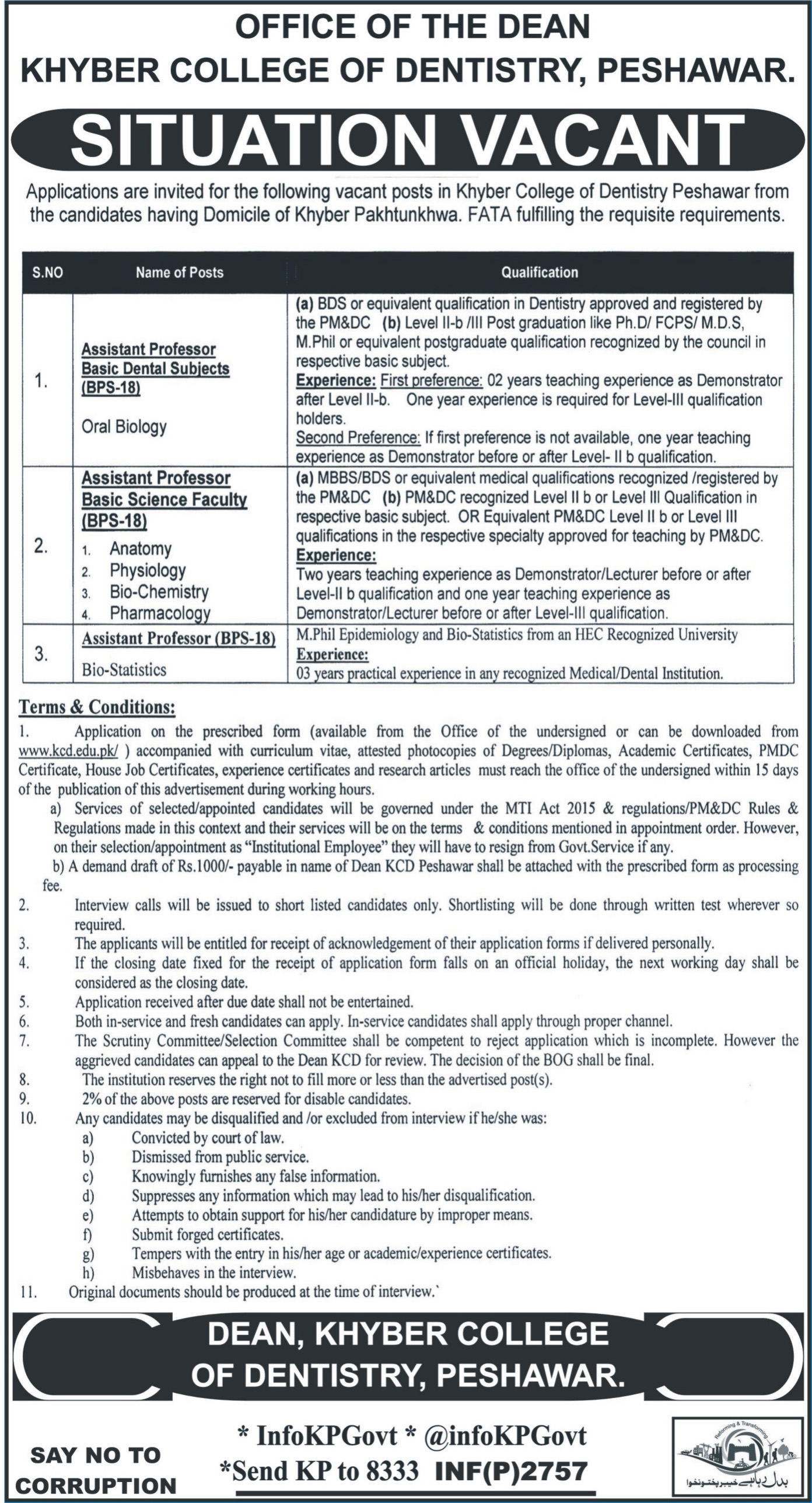 Khyber College Of Dentistry Peshawar Jobs For Assistant Professors 2018