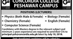 Lecturers Required In Concordia College Peshawar Campus Jobs 2018