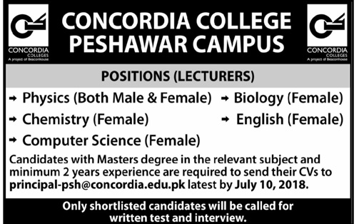 Lecturers Required In Concordia College Peshawar Campus Jobs 2018