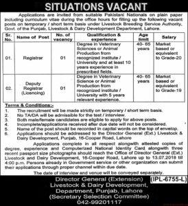 Livestock & Dairy Development Department Punjab Jobs For Registrar, Deputy Registrar