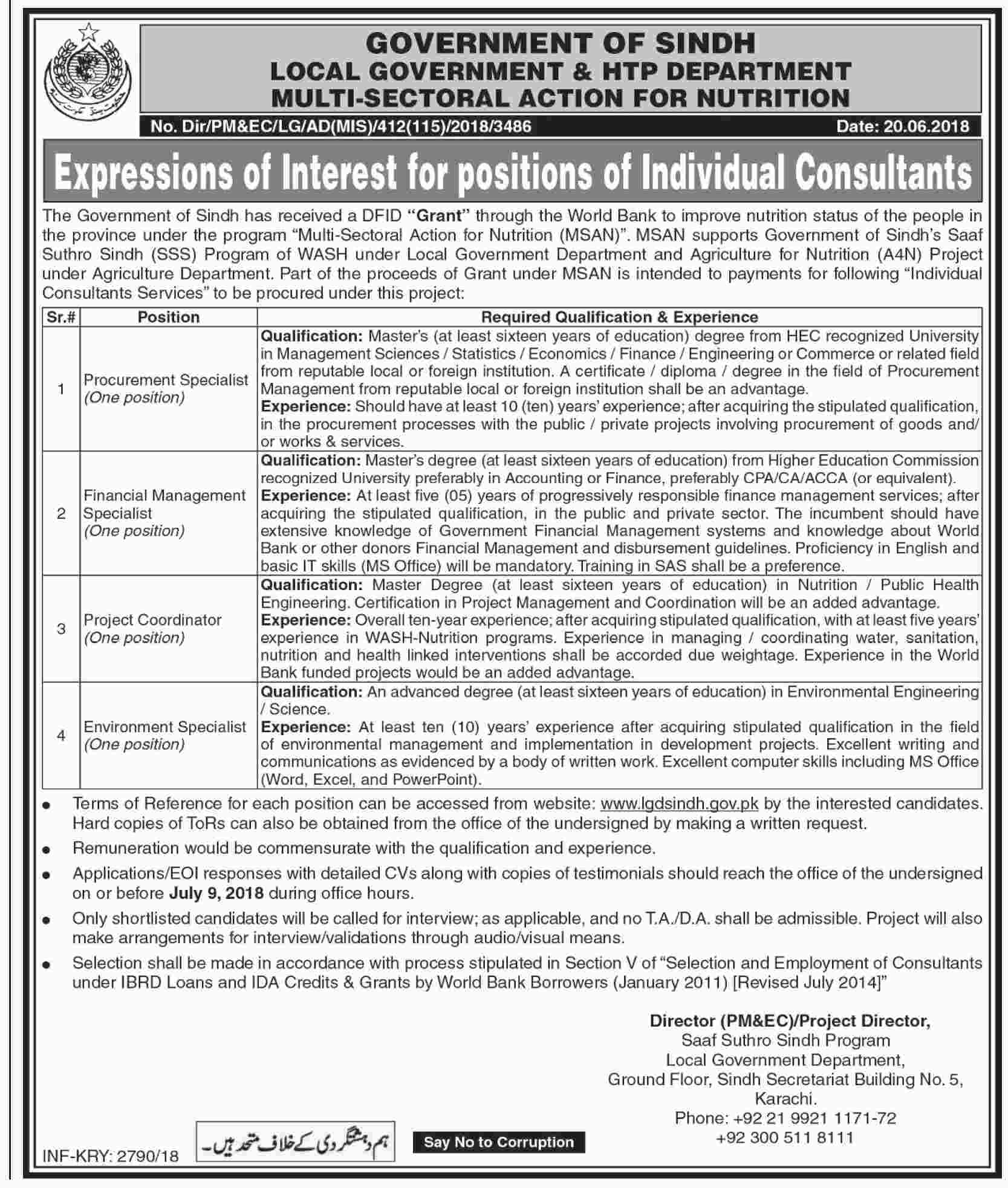 Local Govt And HTP Department Govt Of Sindh 4+ Jobs For Procurement Specialist, Financial Management Specialist & Others