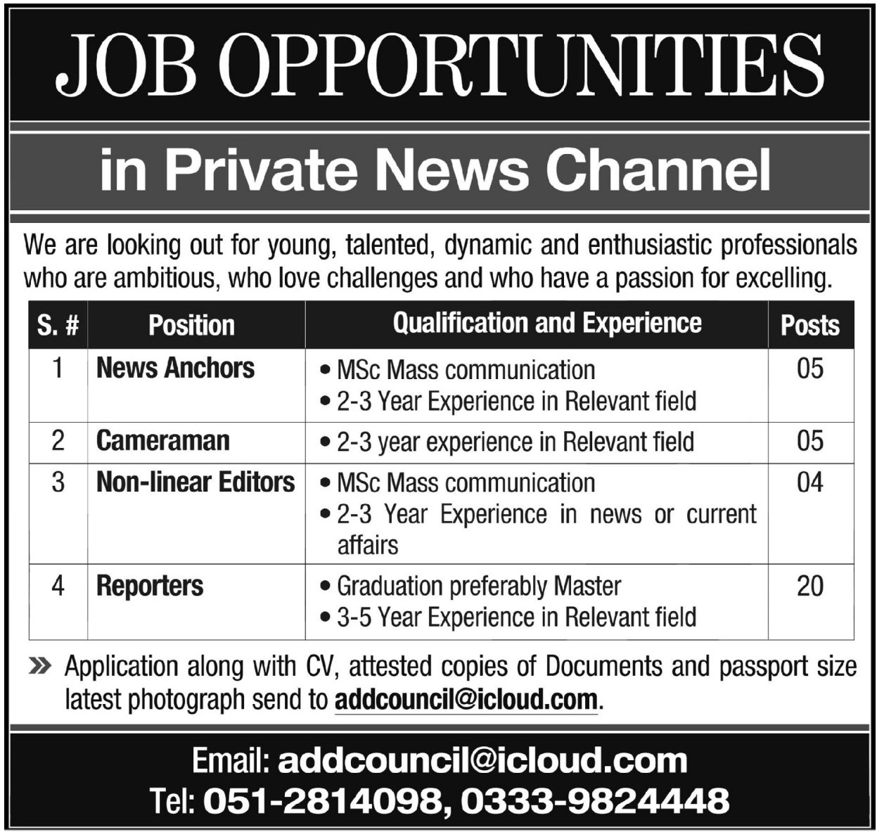 News Anchors, Editors, Reporters & Cameraman Jobs in KPK Private News Channel 2018 Apply Online