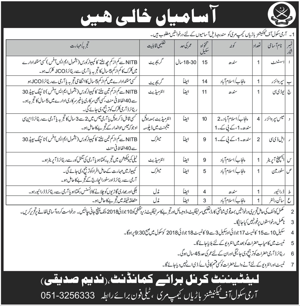 Pakistan Army School of Technicians Barian Camp Muree Jobs For Assistants, Supervisor & Others 2018