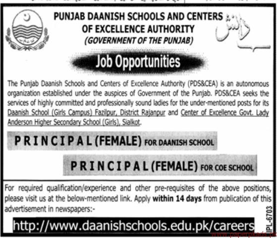 Punjab Daanish Schools & Centre of Excellence Authority PDS&CEA Jobs For Principal