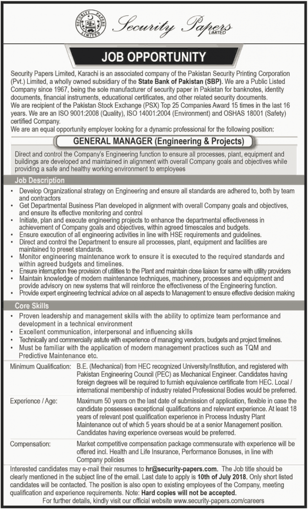 Security Papers Limited Karachi Jobs 2018 For General Manager