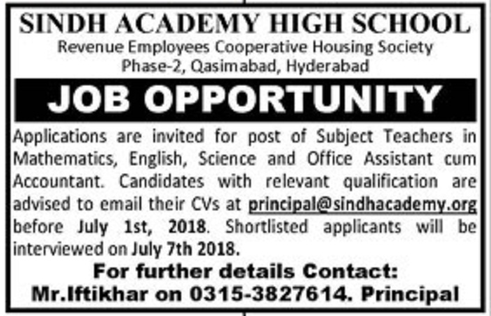 Sindh Academy High School Jobs For Subject Specialist, Office Assistant 2018