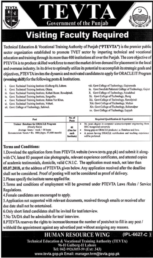 TEVTA Jobs Lahore 2018 for Visiting Faculty at Technical Education & Vocational Training Authority Punjab Institutes